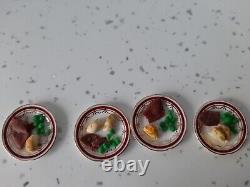 Dolls House Miniature Stokesay Ware Red Sovereign 4 X Dinner Plates With Food