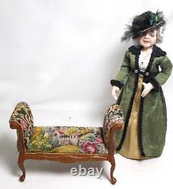 Dolls House Miniature Walnut Window Bench / Bed End Chaise Stool Petit Point