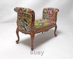 Dolls House Miniature Walnut Window Bench / Bed End Chaise Stool Petit Point