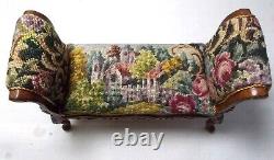 Dolls House Miniature Walnut Window Bench / Bed End Chaise Stool Petit Point