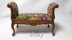 Dolls House Miniature Walnut Window Bench / Bed End Chaise Stool Petit Point