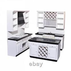 Dolls House Modern Black & White Kitchen with Island Miniature Furniture Set