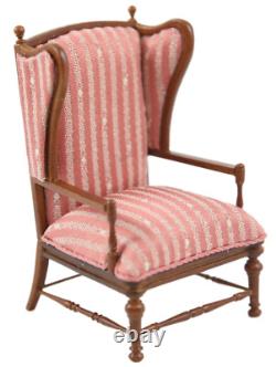 Dolls House Pink Stripe Open Armchair Walnut JBM Miniature Living Room Furniture