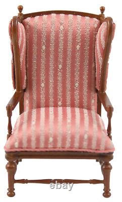 Dolls House Pink Stripe Open Armchair Walnut JBM Miniature Living Room Furniture