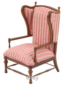 Dolls House Pink Stripe Open Armchair Walnut JBM Miniature Living Room Furniture