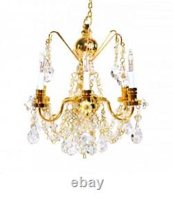 Dolls House Real Crystal 6 Arm Chandelier Gold Finish Miniature Light Accessory