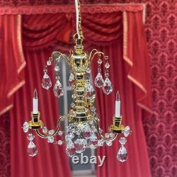 Dolls House Real Crystal Chandelier 3 Arm Gold Finish Miniature 12V Lighting