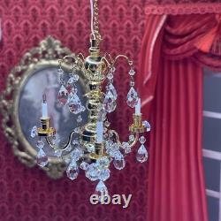 Dolls House Real Crystal Chandelier 3 Arm Gold Finish Miniature 12V Lighting