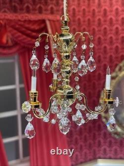 Dolls House Real Crystal Chandelier 3 Arm Gold Finish Miniature 12V Lighting