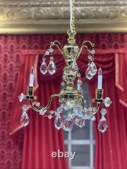 Dolls House Real Crystal Chandelier 3 Arm Gold Finish Miniature 12V Lighting