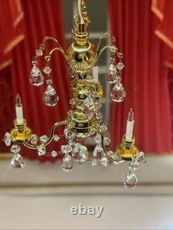 Dolls House Real Crystal Chandelier 3 Arm Gold Finish Miniature 12V Lighting