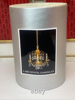 Dolls House Real Crystal Chandelier 3 Arm Gold Finish Miniature 12V Lighting