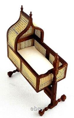 Dolls House Walnut Rocking Cradle Jacobean Cane JBM Miniature Nursery Furniture