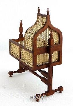 Dolls House Walnut Rocking Cradle Jacobean Cane JBM Miniature Nursery Furniture