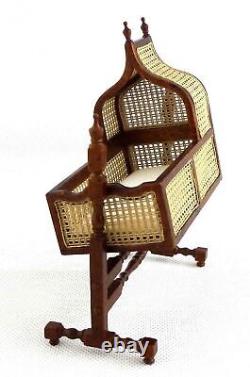 Dolls House Walnut Rocking Cradle Jacobean Cane JBM Miniature Nursery Furniture