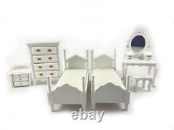 Dolls House White Bedroom Furniture Set Miniature with Twin Single Beds 112