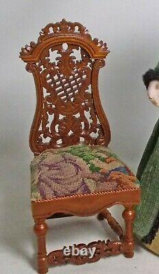 Dolls house Miniature 12th Jiayi Walnut Style Ornately Carved Chair petit point