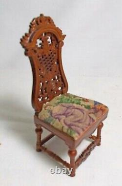 Dolls house Miniature 12th Jiayi Walnut Style Ornately Carved Chair petit point