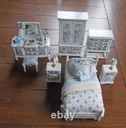 Dolls house Miniature BLUE & WHITE COMPLETE BEDROOM SUITE