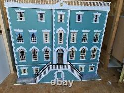 Dolls house blue/white mansion 13 rooms with centre stairs/lights 1.12th