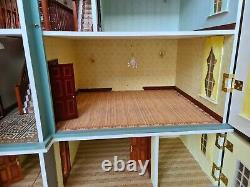 Dolls house blue/white mansion 13 rooms with centre stairs/lights 1.12th