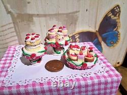 Dolls house cake 3x miniature Strawberry cake stands filled with cakes 1/12 OOAK