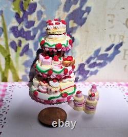 Dolls house cake 3x miniature Strawberry cake stands filled with cakes 1/12 OOAK