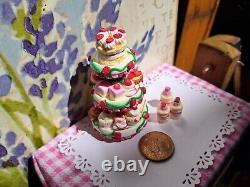 Dolls house cake 3x miniature Strawberry cake stands filled with cakes 1/12 OOAK