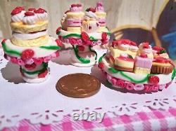 Dolls house cake 3x miniature Strawberry cake stands filled with cakes 1/12 OOAK