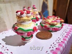 Dolls house cake 3x miniature Strawberry cake stands filled with cakes 1/12 OOAK