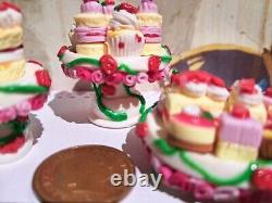 Dolls house cake 3x miniature Strawberry cake stands filled with cakes 1/12 OOAK