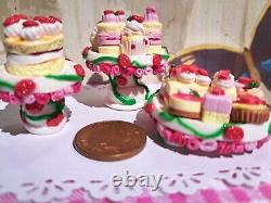 Dolls house cake 3x miniature Strawberry cake stands filled with cakes 1/12 OOAK