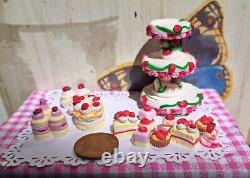 Dolls house cake 3x miniature Strawberry cake stands filled with cakes 1/12 OOAK