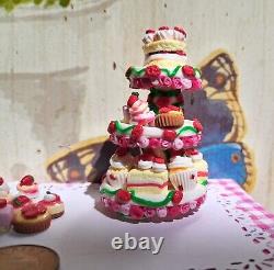 Dolls house cake 3x miniature Strawberry cake stands filled with cakes 1/12 OOAK