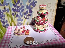 Dolls house cake 3x miniature Strawberry cake stands filled with cakes 1/12 OOAK