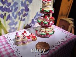 Dolls house cake 3x miniature Strawberry cake stands filled with cakes 1/12 OOAK