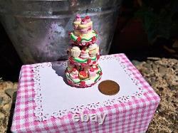 Dolls house cake 3x miniature Strawberry cake stands filled with cakes 1/12 OOAK