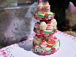 Dolls house cake 3x miniature Strawberry cake stands filled with cakes 1/12 OOAK