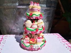 Dolls house cake 3x miniature Strawberry cake stands filled with cakes 1/12 OOAK