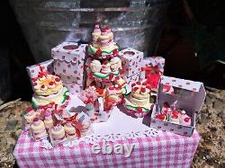 Dolls house cake 3x miniature Strawberry cake stands filled with cakes 1/12 OOAK