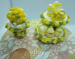 Dolls house cake 3x miniature Yellow Rose cake stand filled with cakes 1/12 OOAK