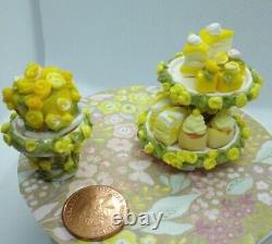 Dolls house cake 3x miniature Yellow Rose cake stand filled with cakes 1/12 OOAK