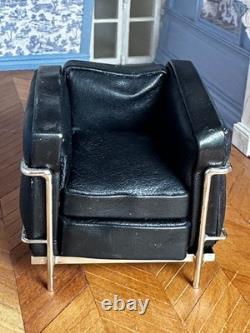 Dolls house miniature 112 ARTISAN black leather modern chair by KIM SELWOOD