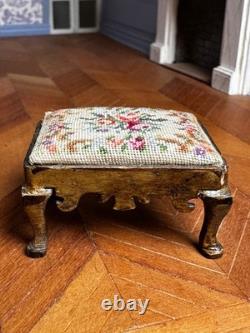 Dolls house miniature 112 ARTISAN fine petit point foot stool by ANNE SYFRET