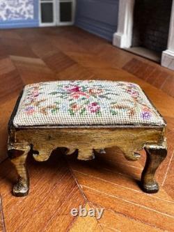 Dolls house miniature 112 ARTISAN fine petit point foot stool by ANNE SYFRET