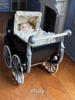 Dolls house miniature 112 ARTISAN vintage pram + porcelain baby doll