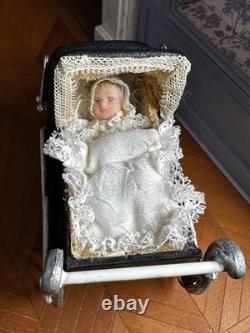 Dolls house miniature 112 ARTISAN vintage pram + porcelain baby doll