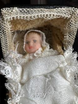 Dolls house miniature 112 ARTISAN vintage pram + porcelain baby doll