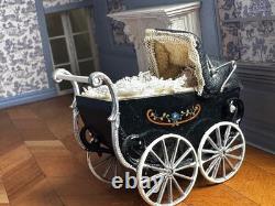 Dolls house miniature 112 ARTISAN vintage pram + porcelain baby doll