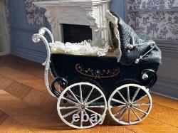 Dolls house miniature 112 ARTISAN vintage pram + porcelain baby doll